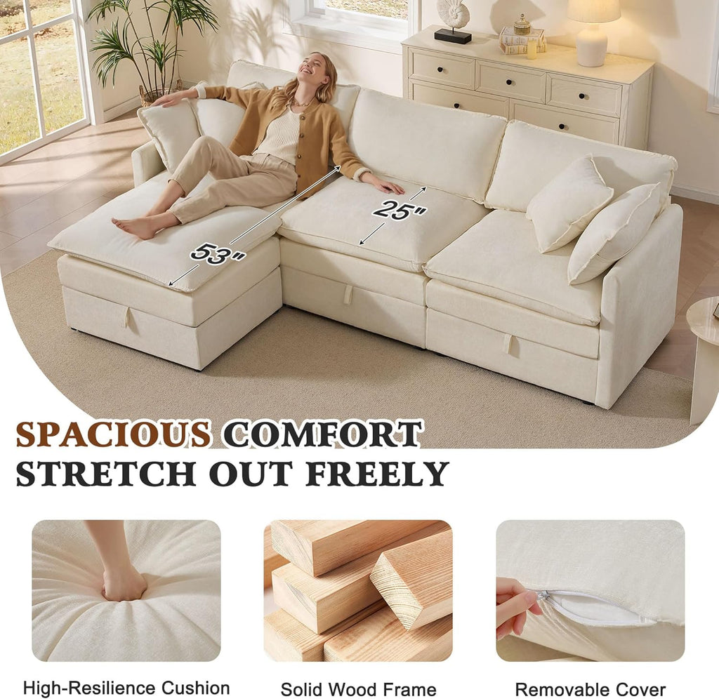 103" Modular Sectional Sofa with Storage, L Shaped Cloud Couch with Movable Ottomans & 4 Pillows, Chenille Deep Seat