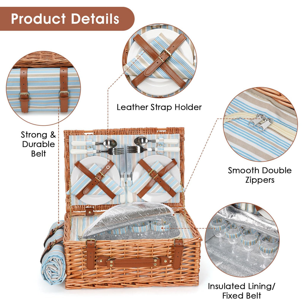 Wicker Picnic Basket Set for 4 Persons with Cooler & Blanket
