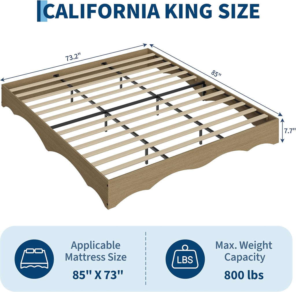 Japanese-Inspired Low Profile Wood Platform Bed Frame with Wavy Edge - Solid Slat Support, Noise-Free, No Box Spring