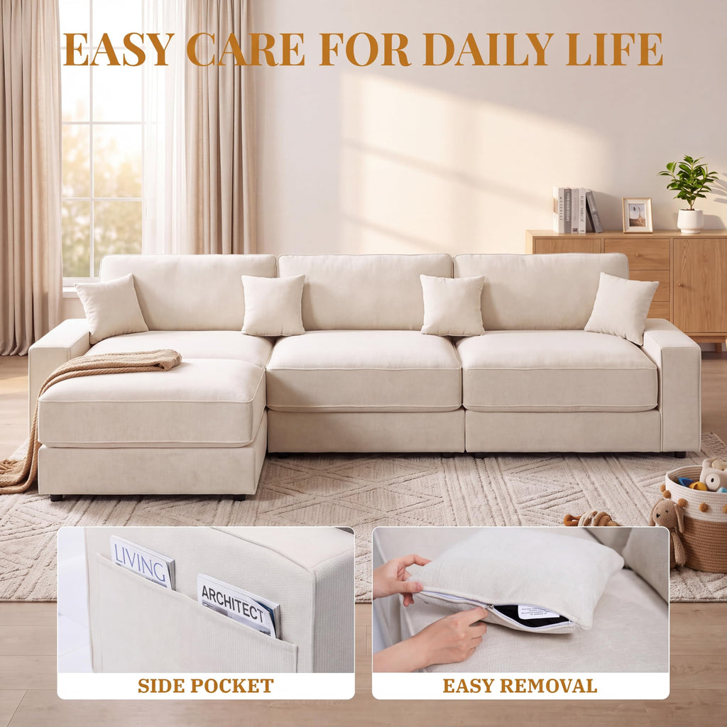 115" L-Shaped Modular Sectional Sofa, Oversized Deep Seat with Movable Ottoman, Chenille Upholstery, Side Pocket & 4