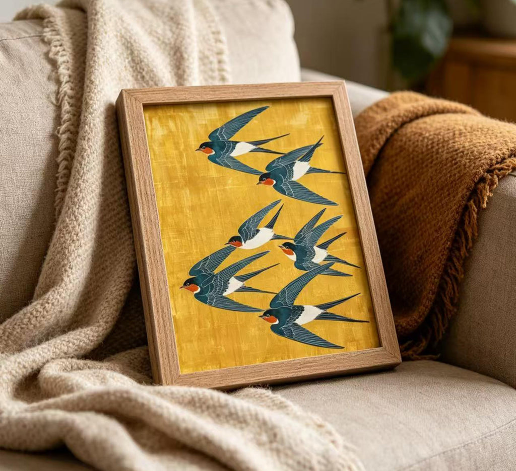 Wood Framed Swallow Wall Art, Vintage Japanese Bird Canvas Print, Japanese Flying Swallow Wall Decor, Cottage