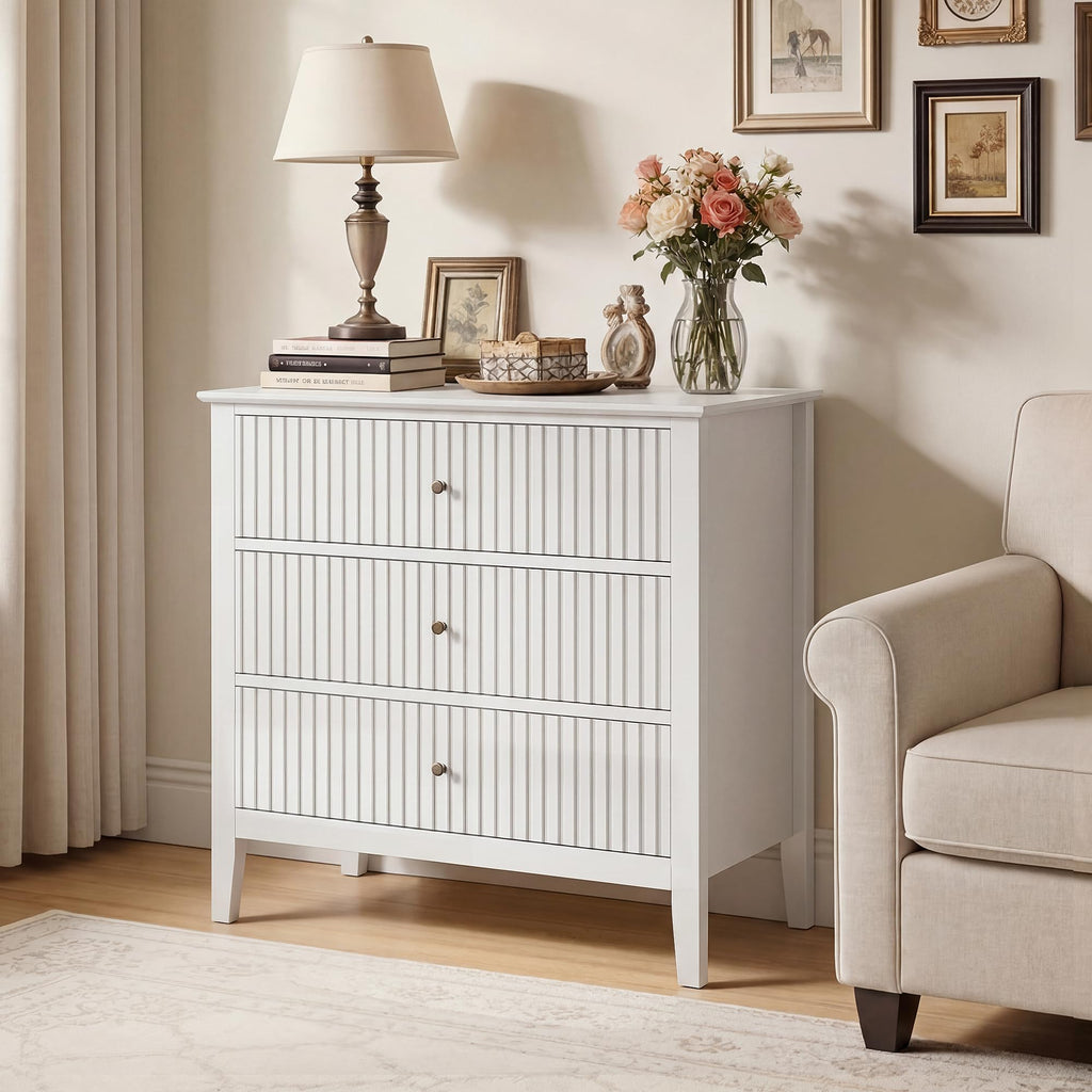 Fluted 3 Drawer Dresser, 32" Wide Nightstand, White
