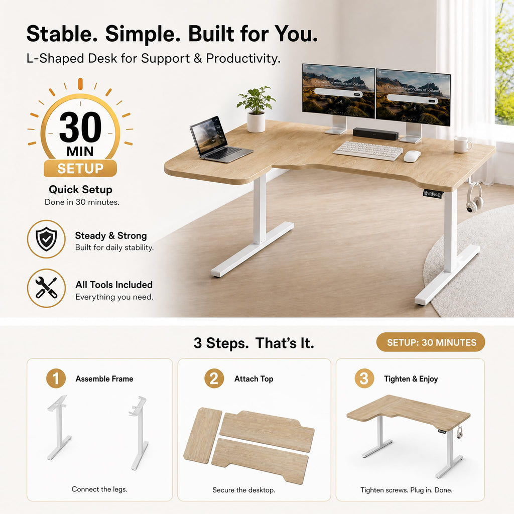 47" L Shaped Standing Desk, Electric Height Adjustable Corner Stand Up Desk with Ergonomic Curved Round Corner for
