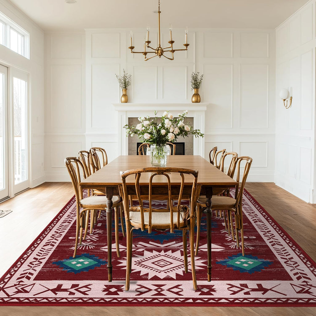 Western Rugs Non Slip, Southwestern Area Rugs Kitchen Bedroom Nursery, Washable Rubber Backing, Aztec Red