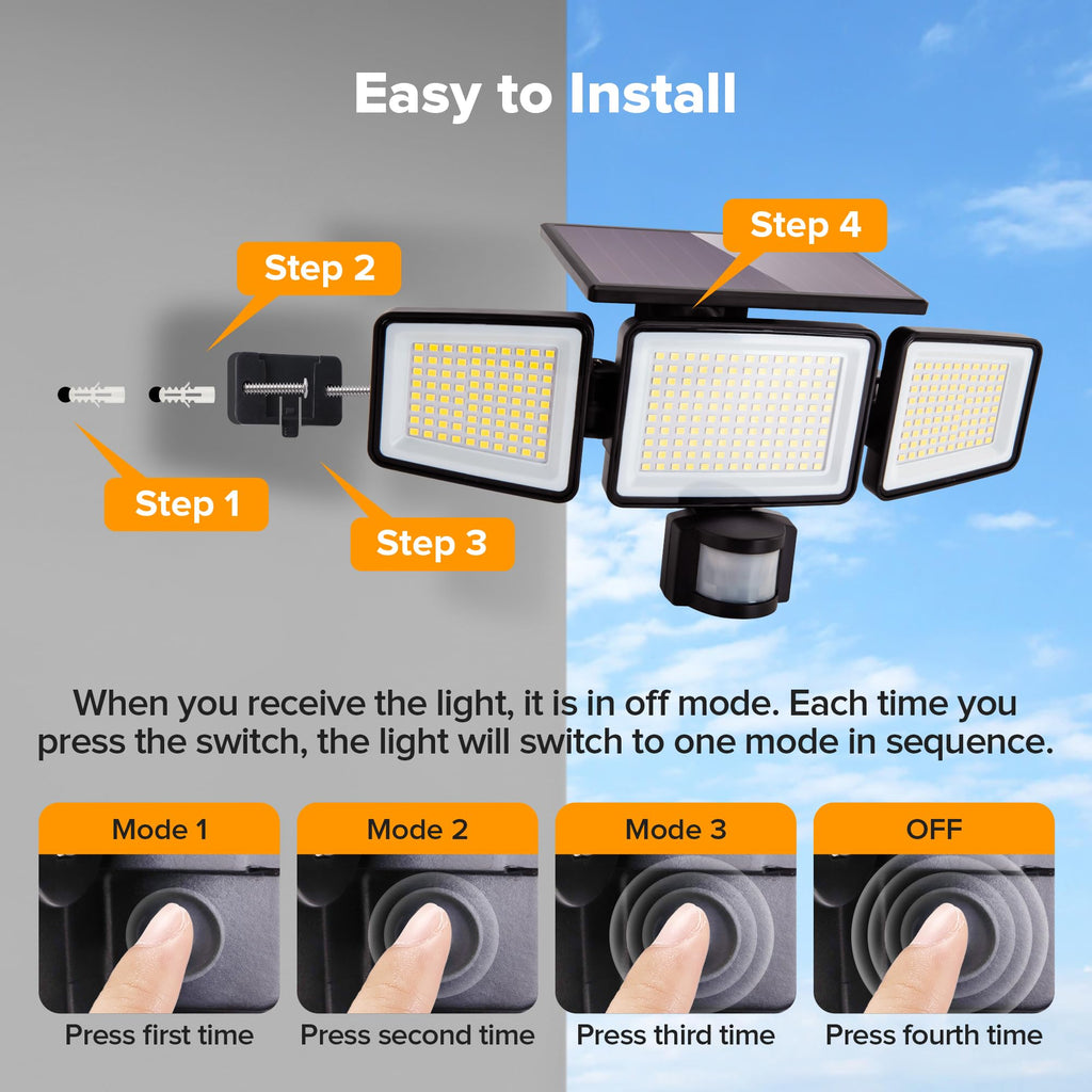Solar Outdoor Lights 302 LED, IP65 Waterproof Motion Sensor Outdoor Lights, 3 Heads Solar Security Flood