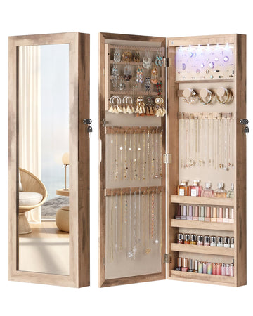 6 LEDs Jewelry Armoire, Hanging Mirror Jewelry Cabinet, Oak