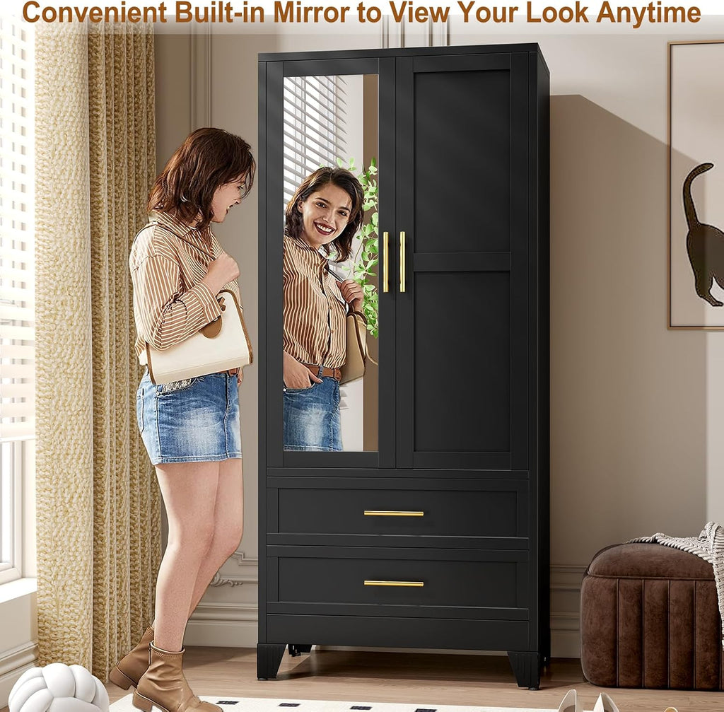Metal Armoire Wardrobe Closet Storage Cabinet with 2 Doors Black, 71'' Wardrobe with Hanging Rod Metal Closet with