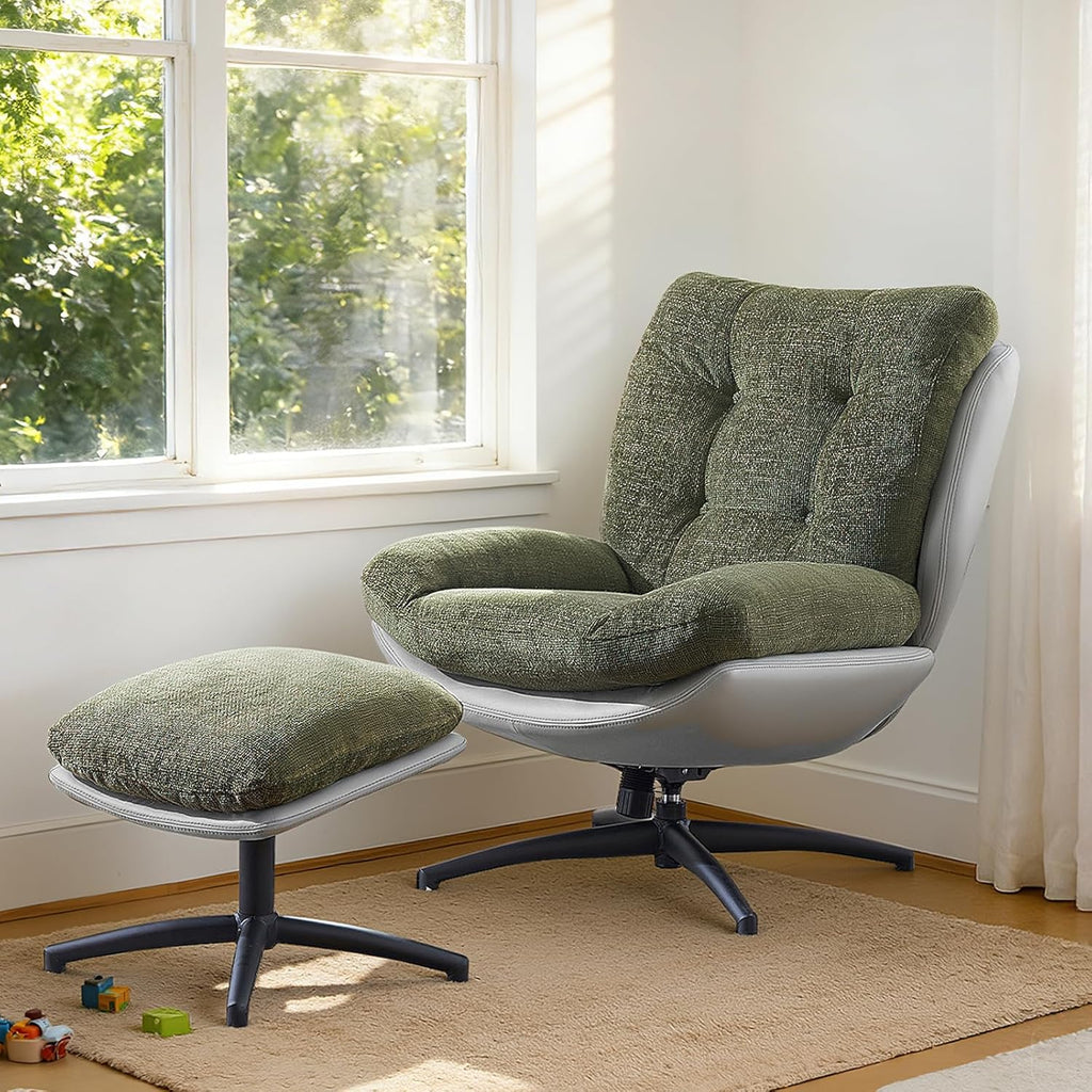 Modern Reclining Swivel Lounge Chair and Ottoman — Green Chenille