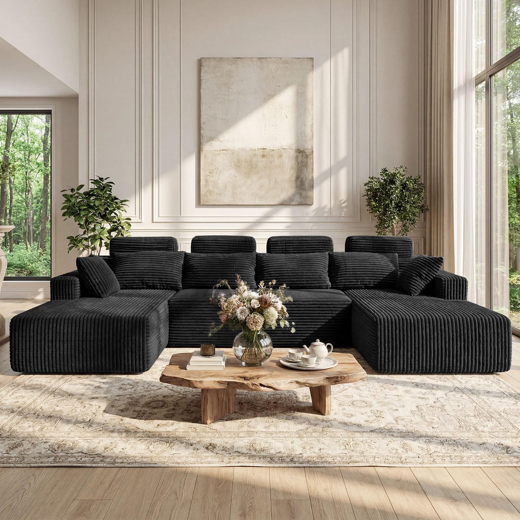134" Boneless Couches - Modular Sectional Sofa U Shaped Oversized Deep Seat High Back Corduroy No Assembly Modern