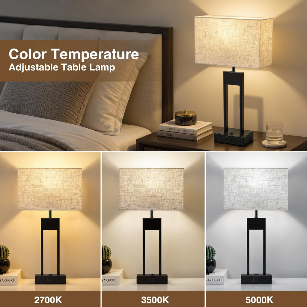 19" Nightstand Table Lamps Set of 2, USB C+A | 3 Colors Changeable Bedside Lamps, Lamp for Nightstands(Bulbs