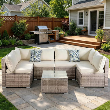 7 Piece Outdoor Patio Sectional Sofa Set, All-Weather Wicker Patio Furniture Set, with Tempered Glass Table and