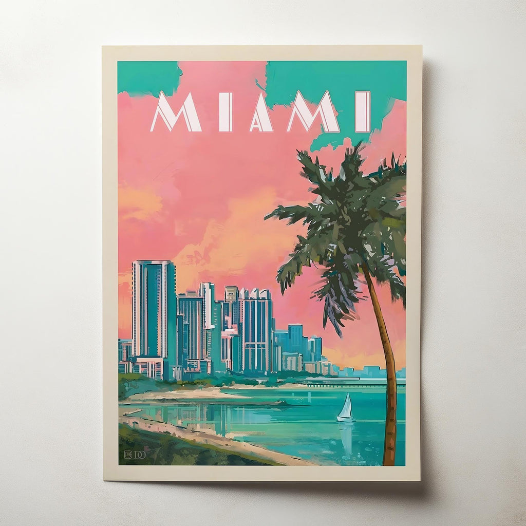 Miami Vintage Travel Poster, Premium Giclee Fine Prints - Modern Aesthetic Wall Decoration, Eclectic Trendy Boho