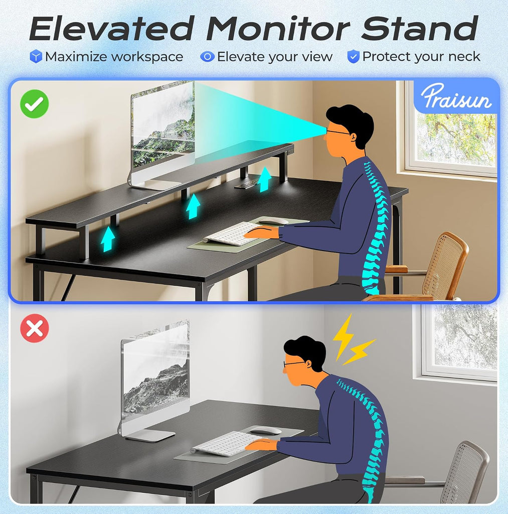 55 inch Gaming Desk, LED & Power Outlets, Monitor Stand, Black | Sturdy PC Desk , Study & Work, LED Lights, 4 AC
