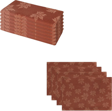Rustic Damask Maple Leaves Fall Table Napkin (18x18 Inch Set of 6), Table Placemat (13x19 Inch Set of 4) - Jacquard