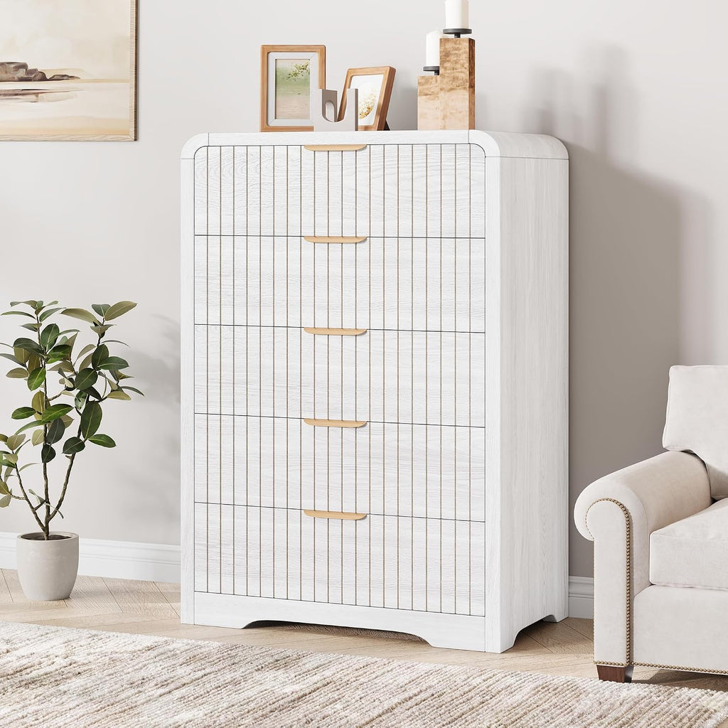 5 Drawer Dresser , Tall Chest of Drawers, Fluted Wood Dresser with Curved Profile Design, Modern Vertical Storage