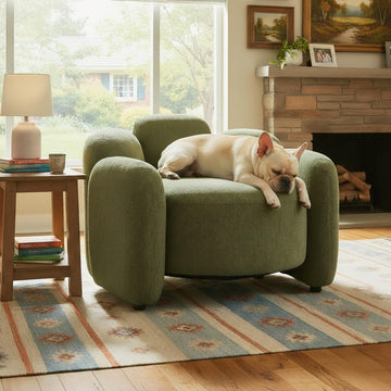 Green Mid-Century Modern Accent Side Chair, Scandinavian Style Upholstered Barrel Chair, Solid Wood Base, Comfortable