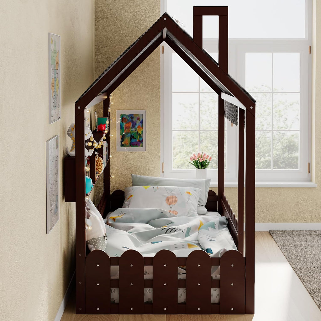 Kids Wood Floor House Bed with Fence and Storge Shelves