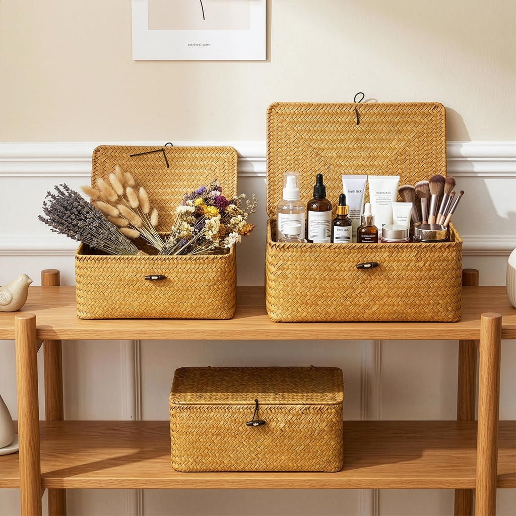 Boho Nesting Shelf Baskets with Lid, Set of 3 Household Organizer Bins, Compact Handwoven Seagrass Wicker Basket for