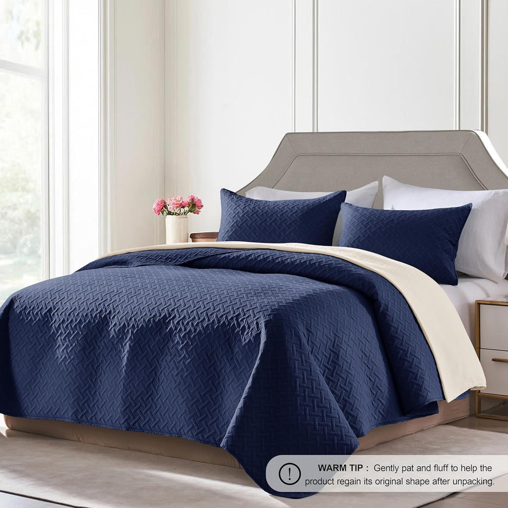 King Quilt Set - Soft Navy Blue Quilts Lightweight Microfiber Bedspread - Classic Basket Weave Pattern Bedspreads