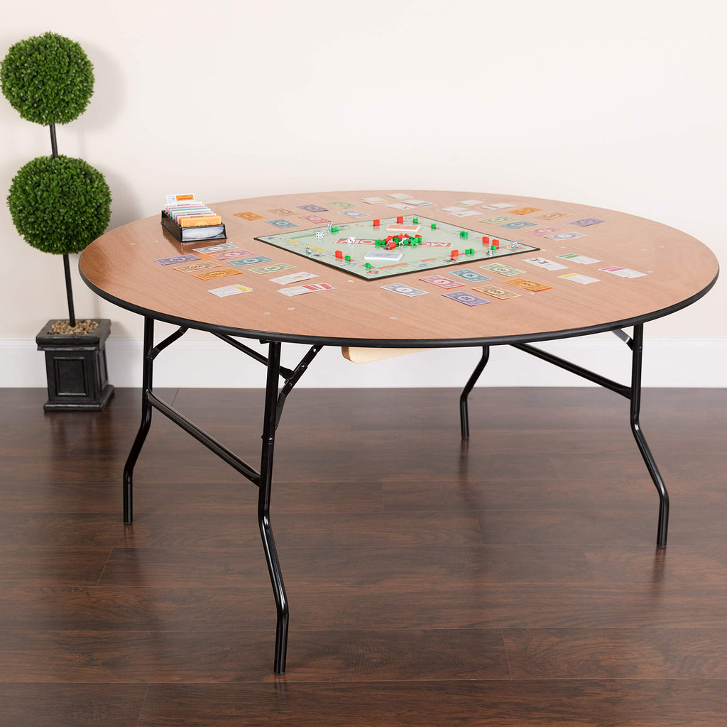 5 ft Wood Folding Clear Coat Round Banquet Table, Clear