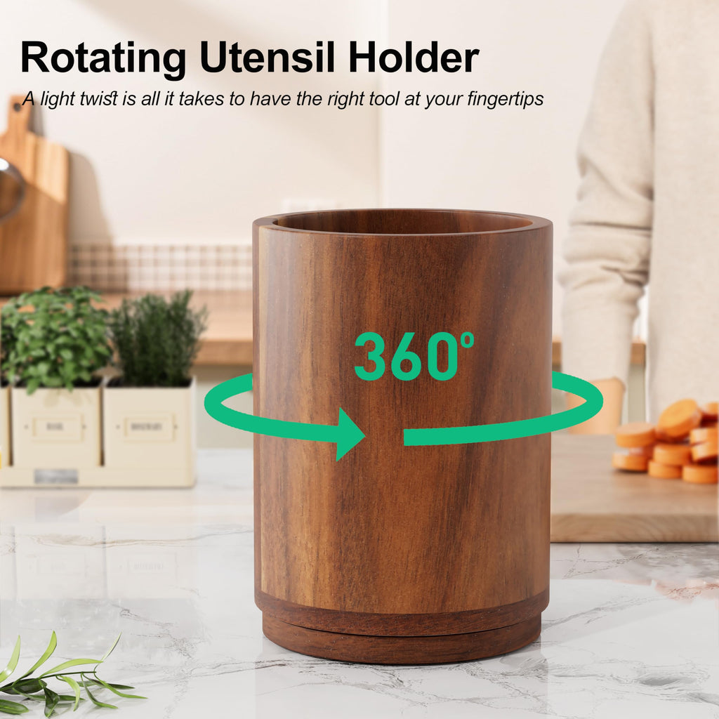 Utensil Holder, 360° Rotating Acacia Wood Kitchen Utensil Holder for Counter, 7.2" Large Cooking Utensil Crock
