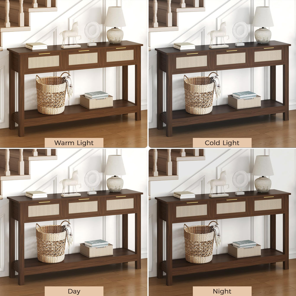 Console Table with 3 Rattan Drawers Storage Open Shelf
