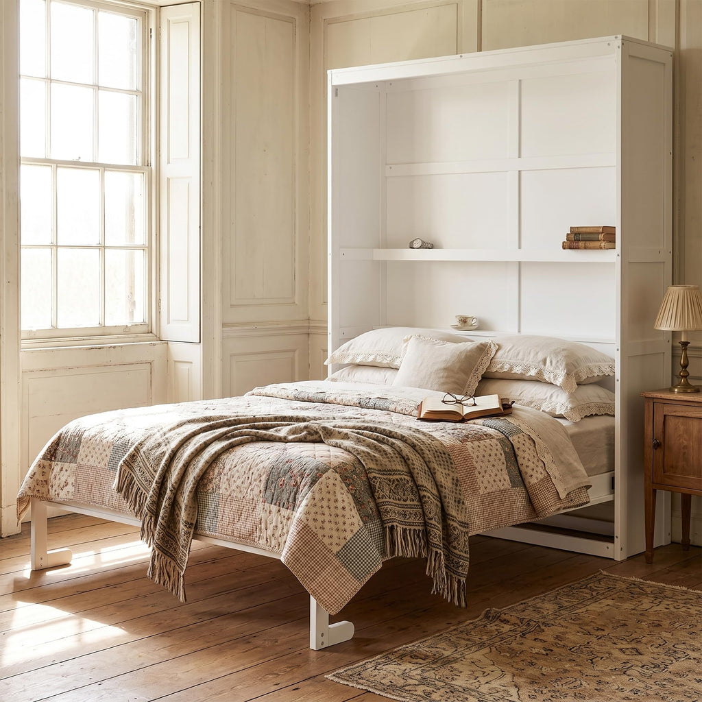 Queen Murphy Bed, Solid Wood Vertical Murphy Wall Bed Cabinet, Space-Saving for Small Spaces Office Guest Room