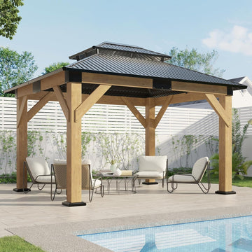 10x12 Wood Gazebo, Hardtop Gazebo with Spruce Frame and Aluminum Double Roof, Outdoor Pergola for Parties, Backyard, Patio, Lawns, Black + Natura Wood