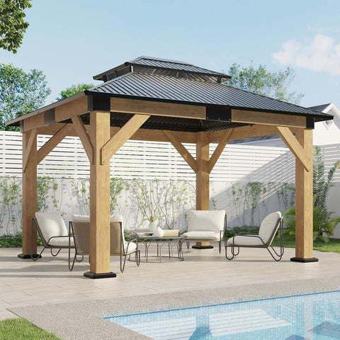 10x12 Wood Gazebo, Hardtop Gazebo with Spruce Frame and Aluminum Double Roof, Outdoor Pergola for Parties, Backyard, Patio, Lawns, Black + Natura Wood