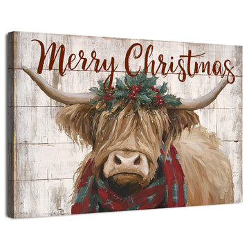Christmas Highland Cow Wall Art Merry Christmas Sign Poster Rustic Farmhouse Cow Pictures Wall Decor Rustic Wood