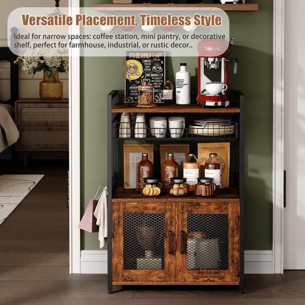 Coffee Bar Cabinet, 3 Tier Coffee Station Table on Wheels, 35.9" H Bar Cart with Wire Basket Drawer & 5 Hooks