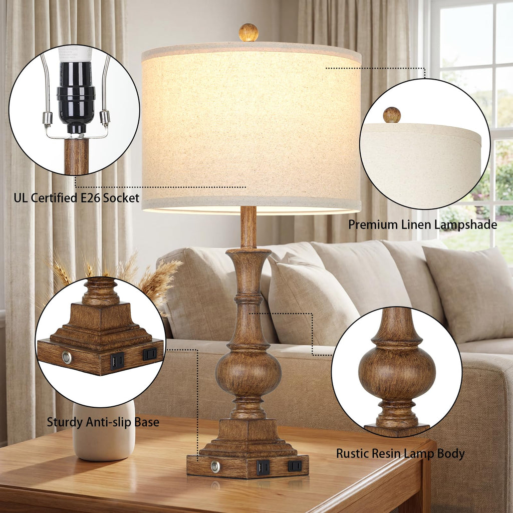26" Tall Farmhouse Rustic Table Lamps Set of 2, Vintage Retro Nightstand Table Lamp with USB C+A Charging Ports & AC