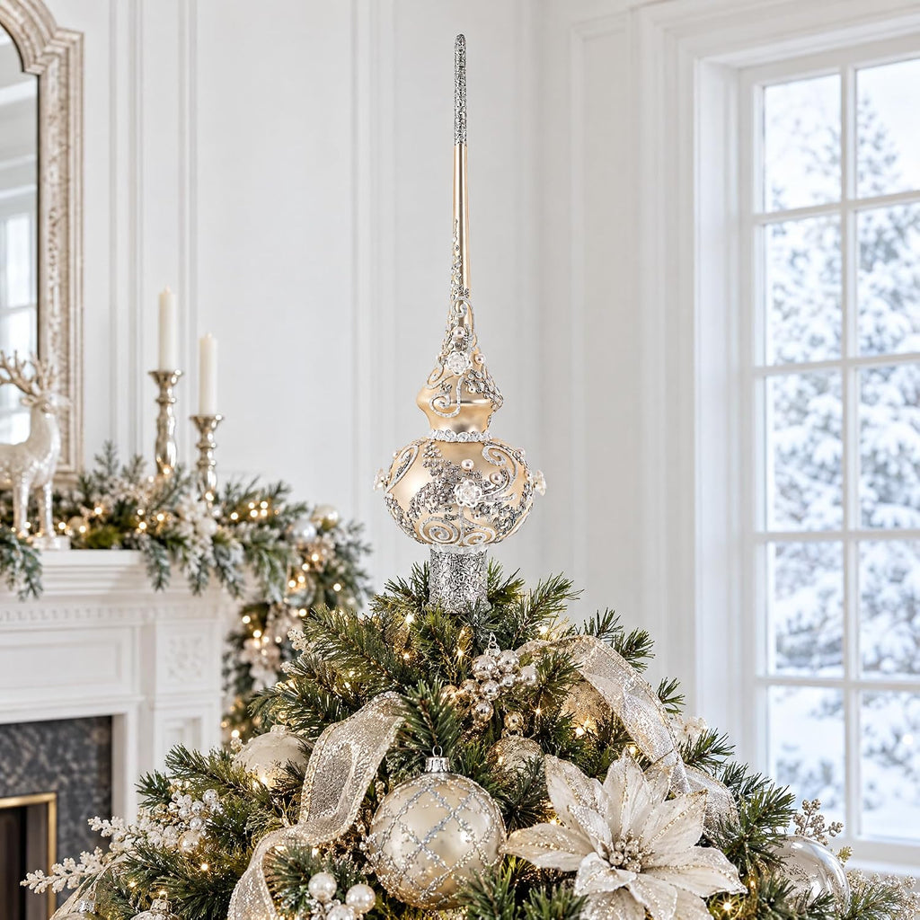 White Swirls on Champagne Glass Christmas Tree Topper 11 Inches