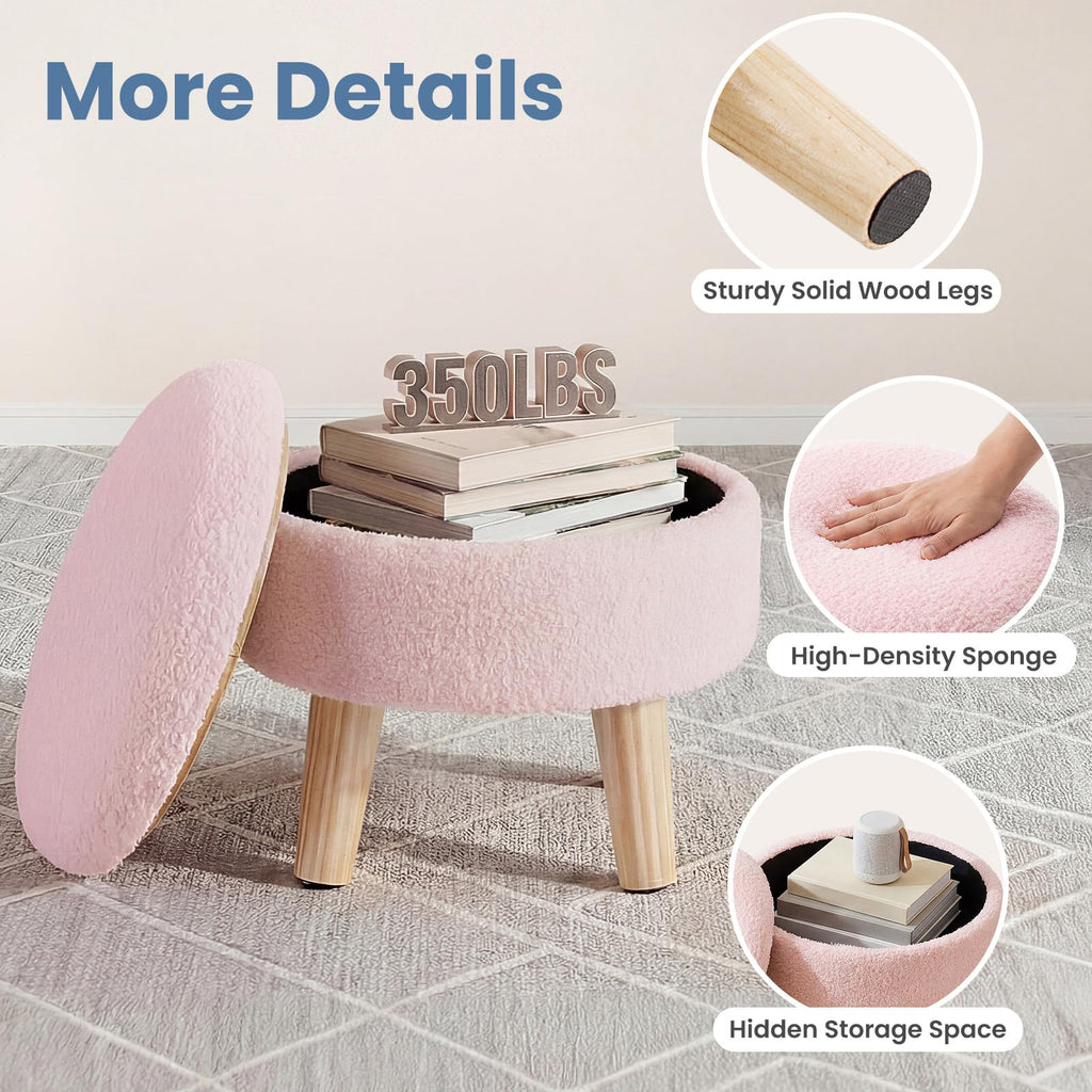 Round Storage Ottoman with Reversible Tray Lid, Multi-Functional Footrest, Teddy Velvet Footstool with Wood Legs
