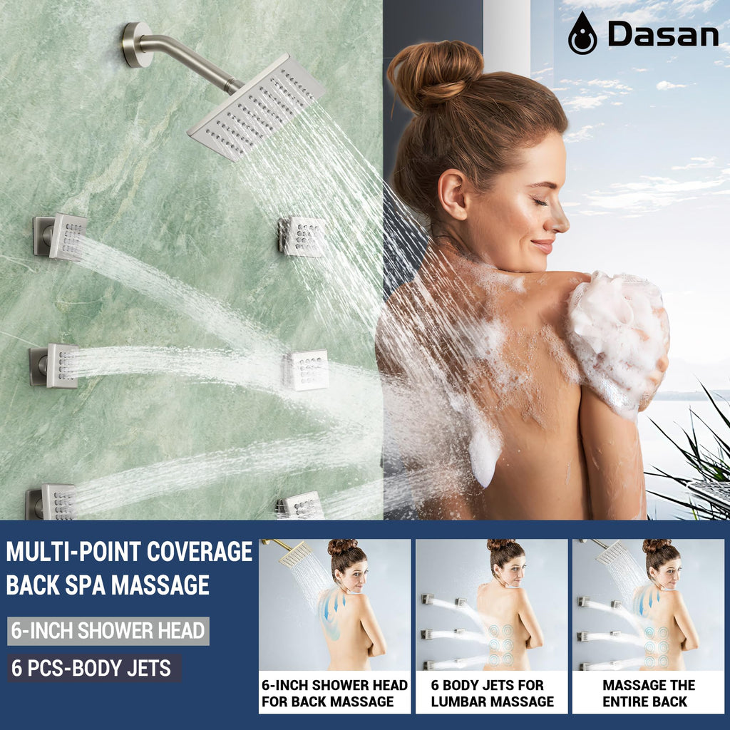 Thermostatic Dual Shower Head System with 6 Body Jets, 6-Inch Shower & 16" Rainfall Shower, Luxury Brushed Nickel