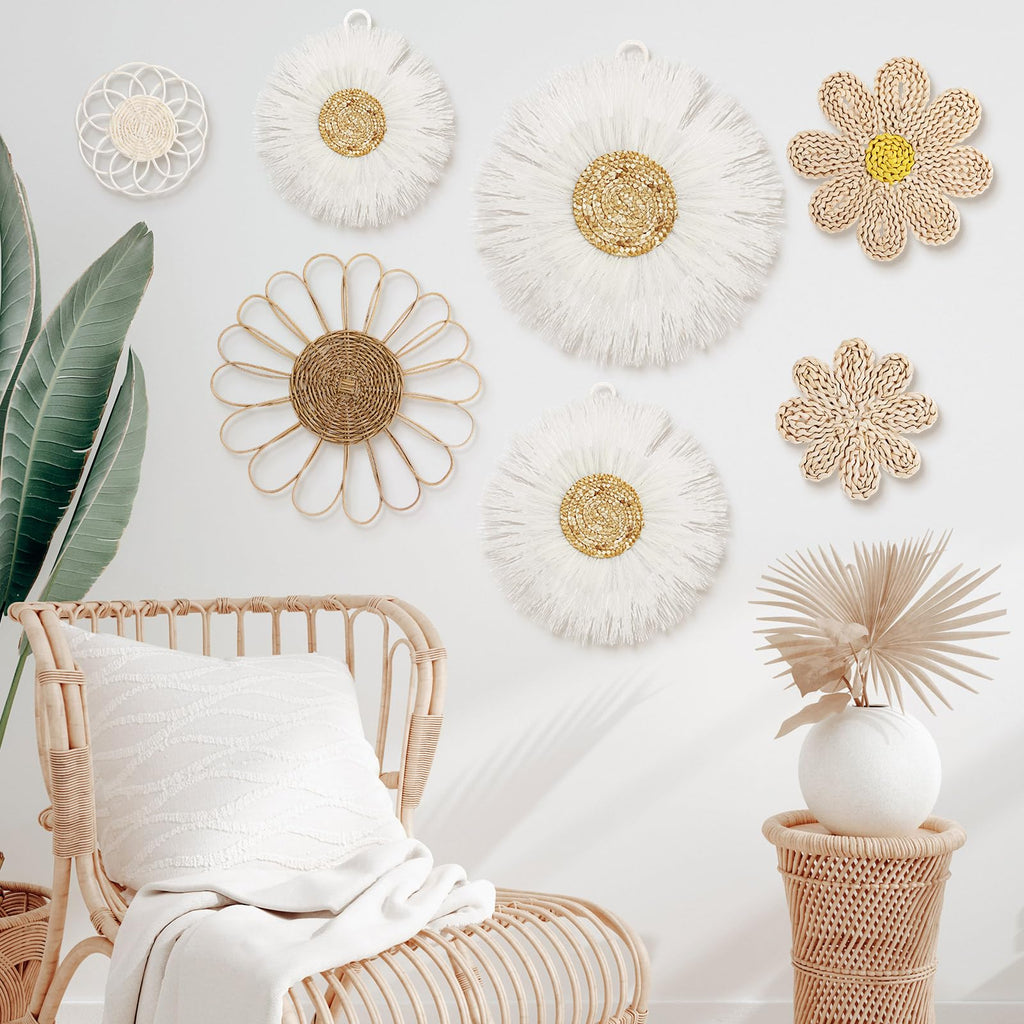 7 Pcs Boho Wall Basket Decor Rattan Flower, Milky White