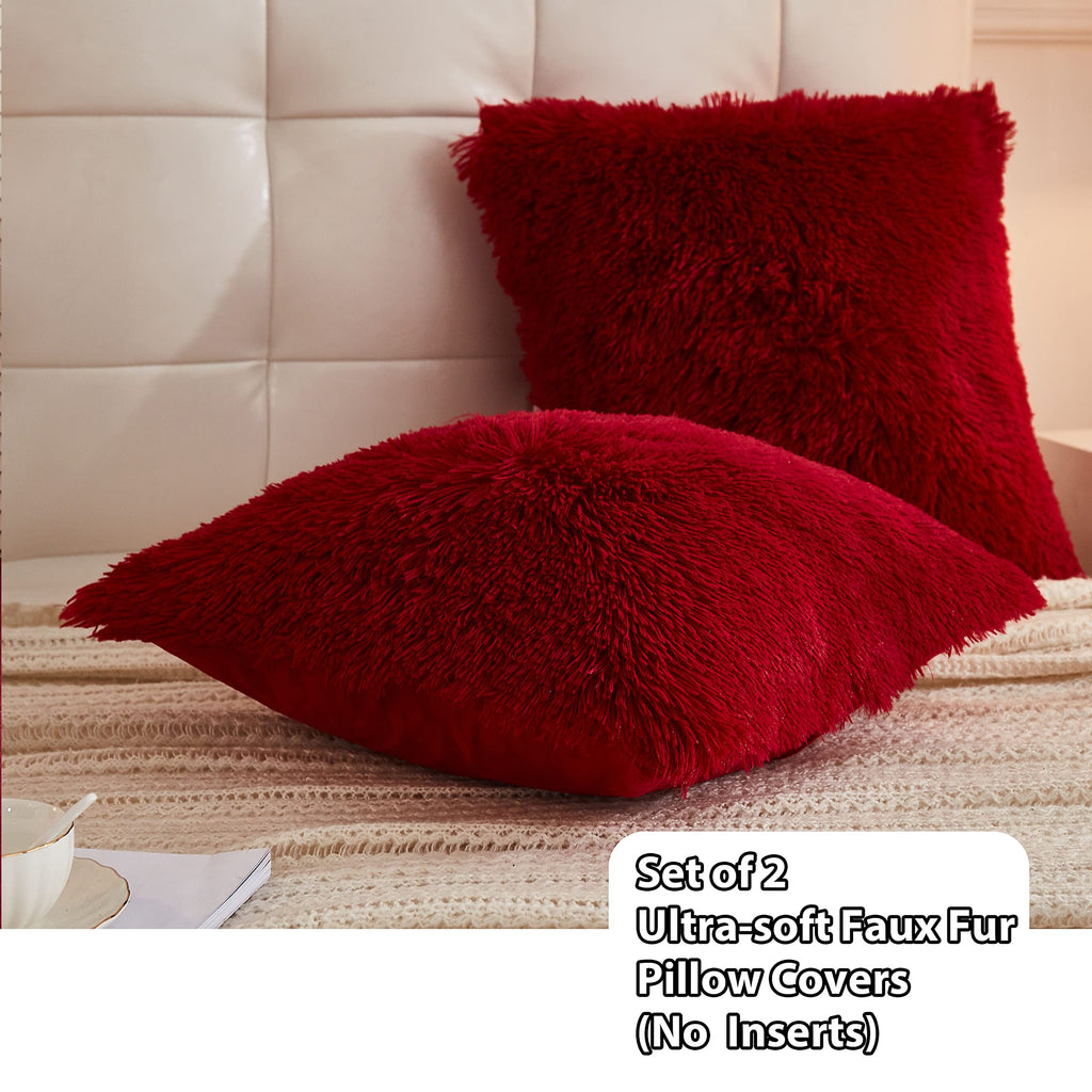 Fluffy Faux Fur Throw Pillow Covers Pack of 2, Burgundy