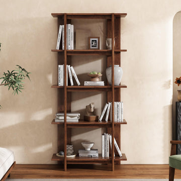 4 Shelf Narrow Walnut Bookcase H-70 L-33 Acacia Wood Open Bookshelf