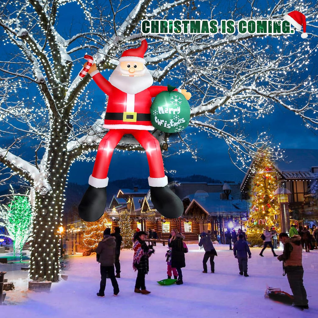 8 FT Inflatable Sitting Santa Claus Christmas Outdoor Decorations, Blow Up Santa Claus with Gift Bag Sitting on Roof