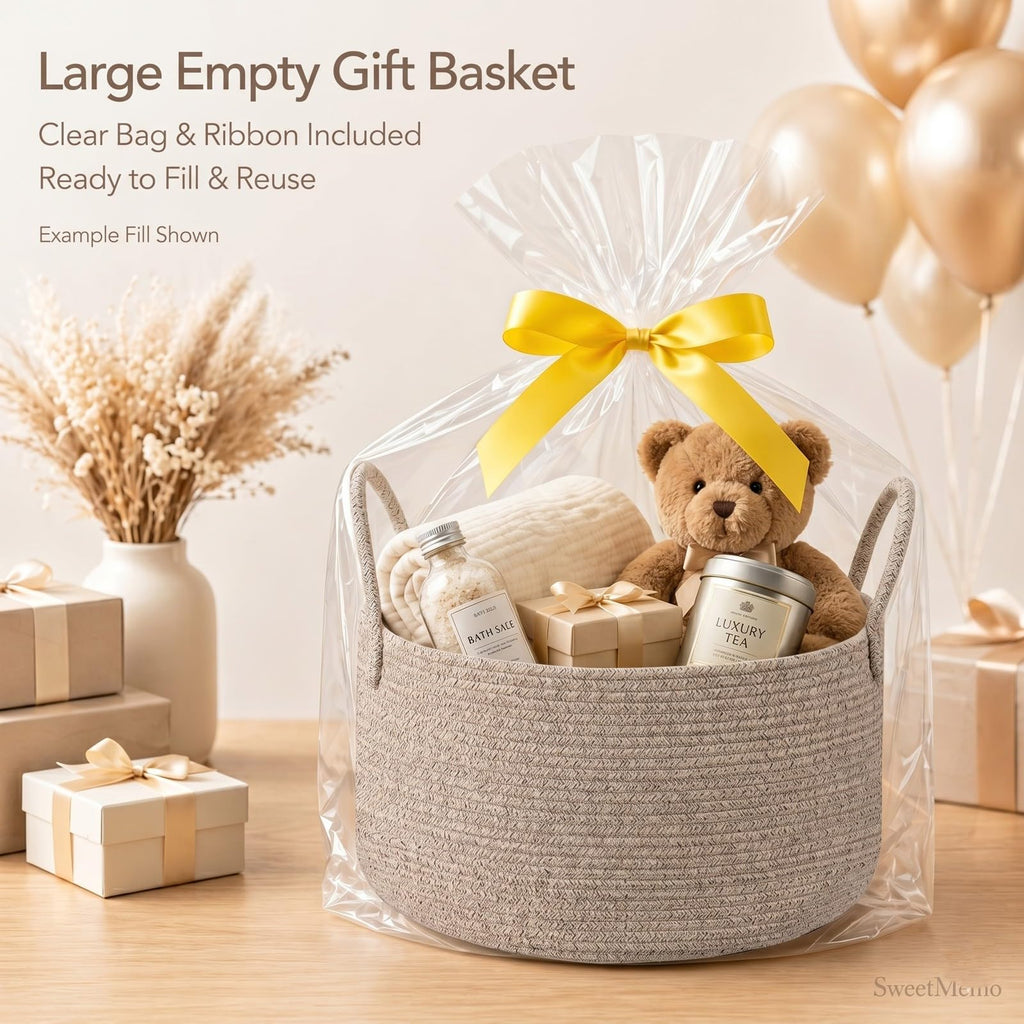 Big Gift Basket Empty Kit, Large Woven Rope Storage Basket, Beige