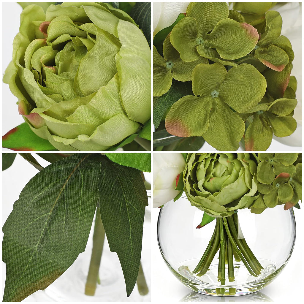 Peonies Artificial Flowers in Vase White Green Peony Hydrangea Fake Flowers Silk Flower Arrangements with Glass Vase