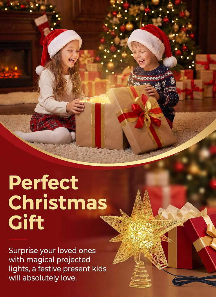 Star Tree Topper with Projector Lights - Double Star Style - Gold