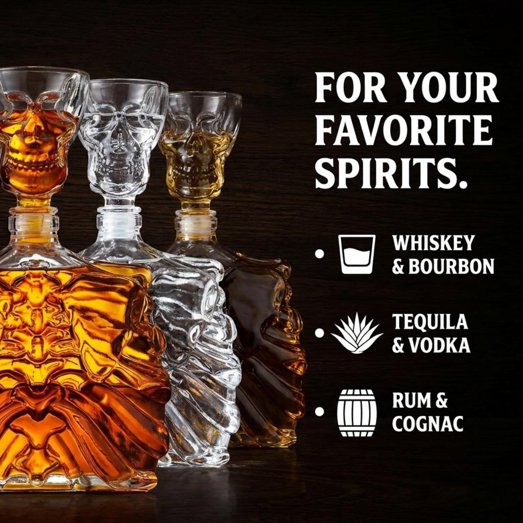Whiskey Decanter and Shot Glass, Skull Skeleton Decanter, Halloween Decor, Skeleton Decorations, Liquor Decanter and