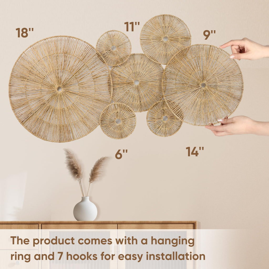 Set of 7 Boho Wall Decor - 18-Inch Handcrafted Woven Jute Hanging Basket Decor - Unique Large Round Flat Wall baskets
