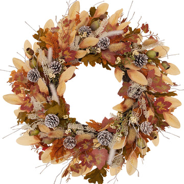 24 Inch Woodland Fall Wreath, Rustic Farmhouse Autumn Wreath with Frosted Pinecones, Bunny Tail Grass, Acorns &