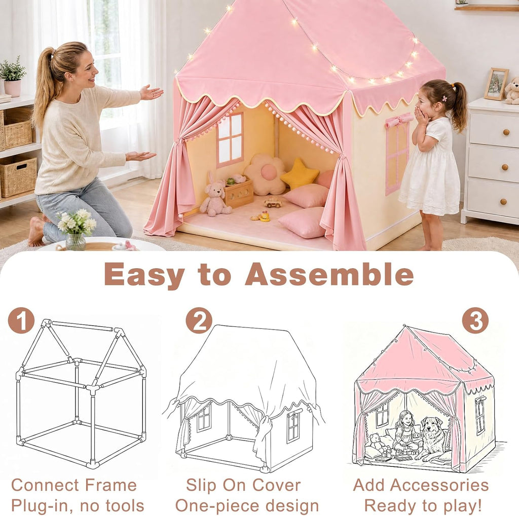 Large Kids Play Tent with Mat & Star Lights, Pink Princess Tent for Girl