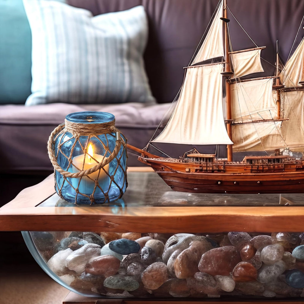 2 Set Nautical Lanterns Rope Handle, Coastal Glass Jar, Navy Blue