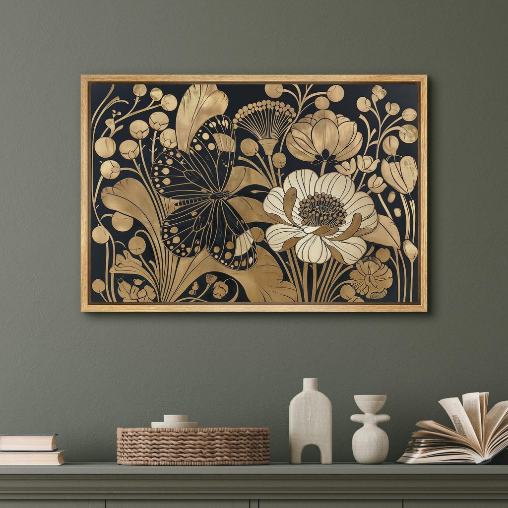 Framed Canvas Print Wall Art Black Gold Art Nouveau Butterfly Floral Illustrations Modern Art Decorative Zen - 16""