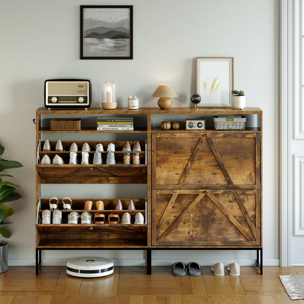 Shoe Storage Cabinet with 2 Flip Drawers, Modern Hidden Shoe Storage Organizer, Narrow Wooden Freestanding Shoe Rack