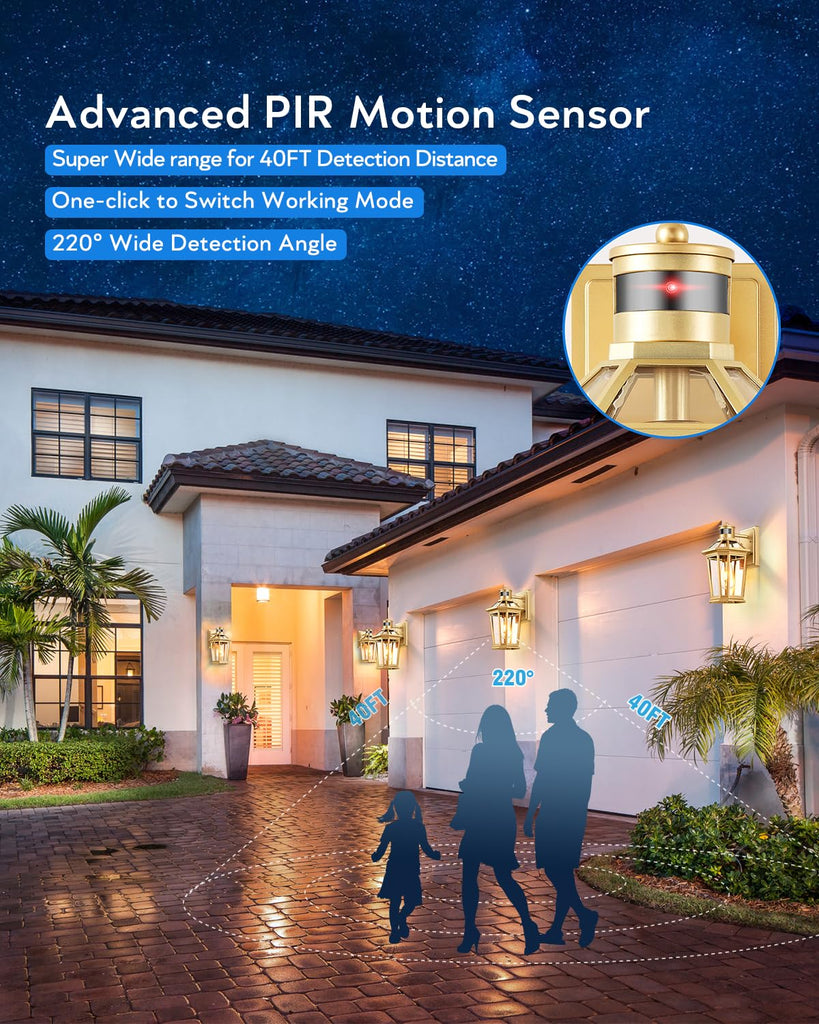 Outdoor Wall Lights Lantern, 2 Pack Gold Motion Sensor Proch Light, Dusk to Dawn Weather Resistant Exterior Lights